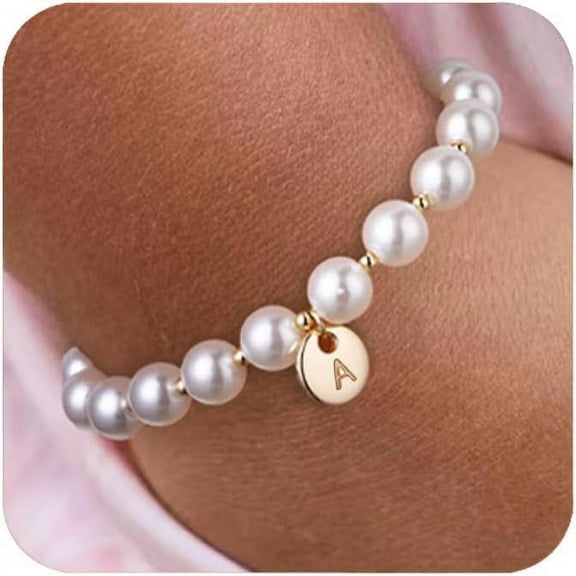 A-Z Letter Custom Pearl Bracelet, Adjustable Elegant Beaded Gold Bracelet Wedding Birthday Gift for Women