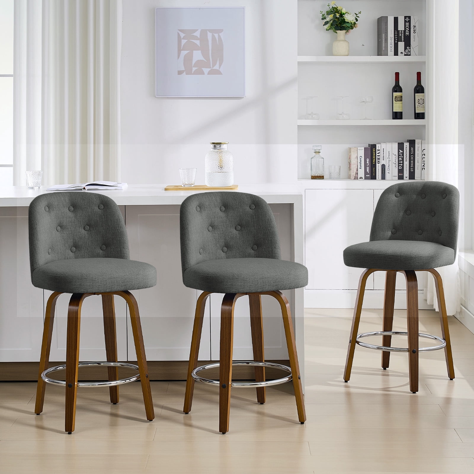 Foreate Swivel Bar Stools Set of 1, 26" Upholstered Linen Fabric with Button-tufted Mid-Back & Wood Legs, Modern Chair Kitchen Pub Island Counter Stool