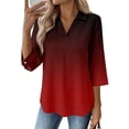 thumbnail image 2 of Womens 3/4 Sleeve Tops V Neck Cotton Linen Gradient Work Blouse Polo Shirts for Women Business Casual 2026 Red 2XL, 2 of 4