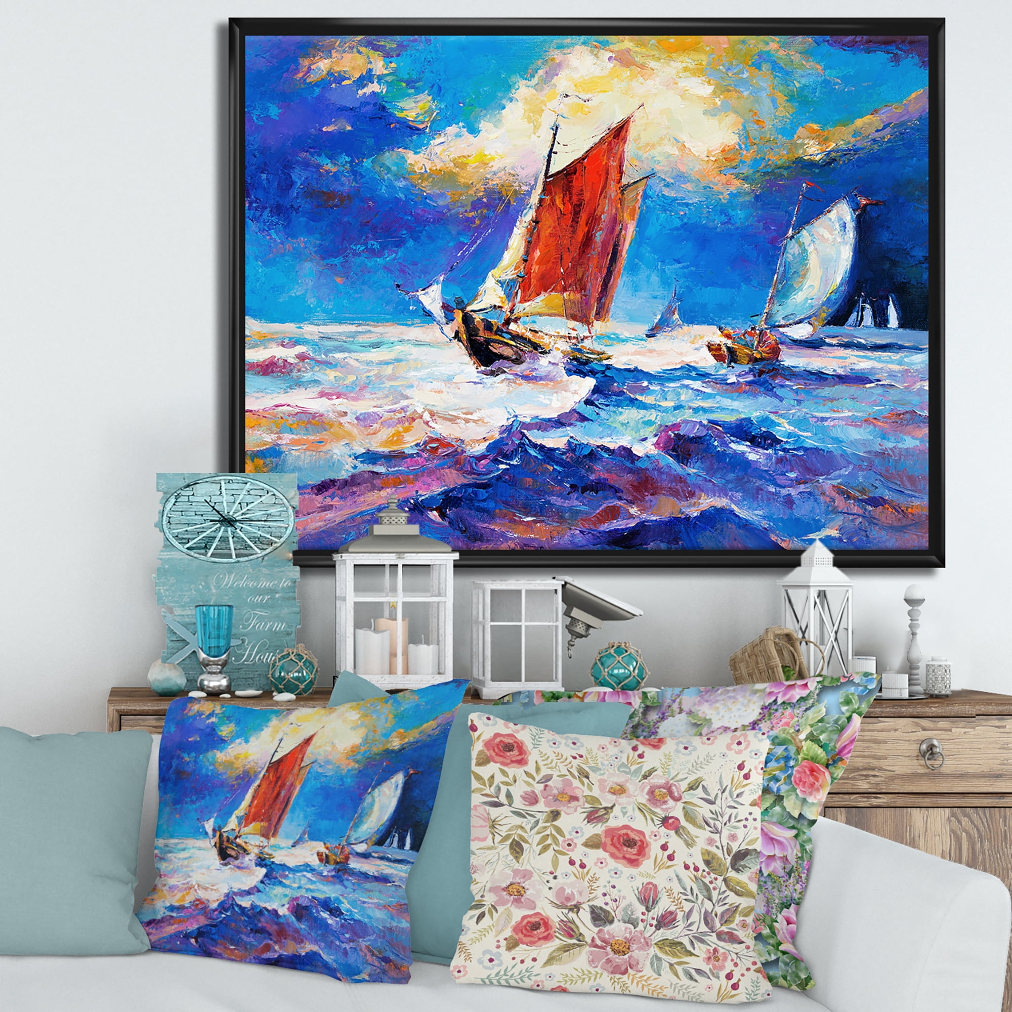 Designart 'Sailships On The Ocean Waves During Evening' Nautical & Coastal Framed Canvas Wall Art Print