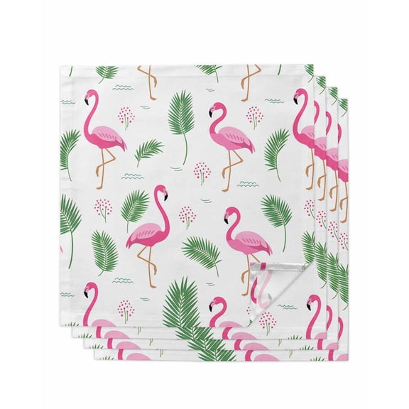 Pink Flamingos Cloth Napkins Set of 4 Reusable Dinner Napkins, Summer Green Tropical Palm Leaves Cocktail Napkin Washable Table Napkins for Wedding/Holiday Party/Baby Shower 20"x20"