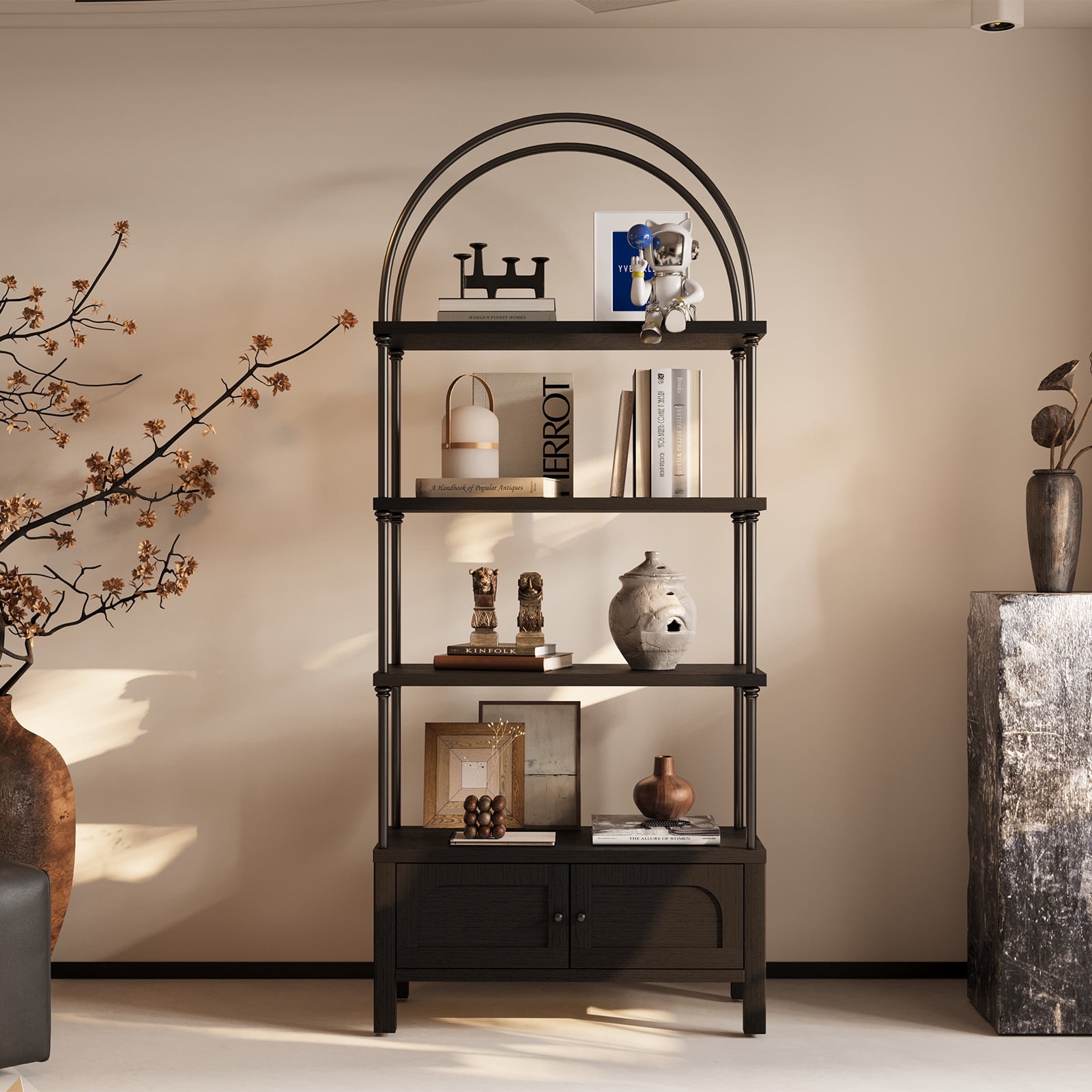 Furnibear Arched Bookshelf with Door 72 Inches Tall 5 Tier Storage Shelf with Cabinet,Modern Open Bookcase for Living Room or Home Office,Black