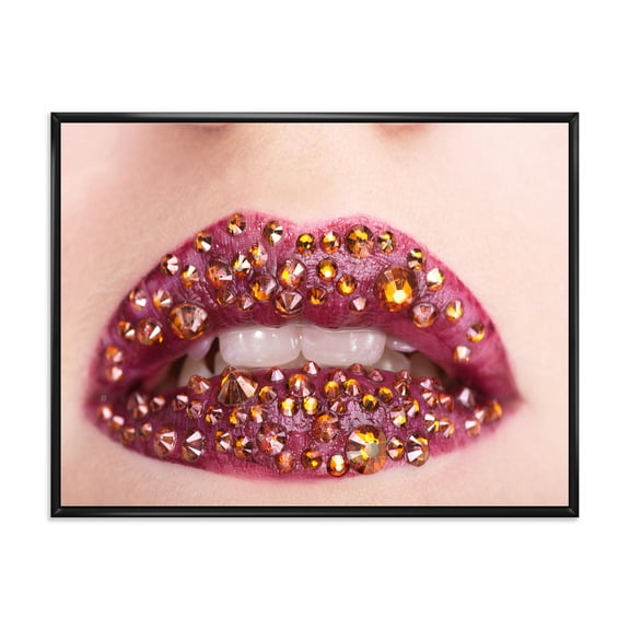 Designart 'Close-Up Of Girl Lips With Sequins' Modern Framed Canvas Wall Art Print