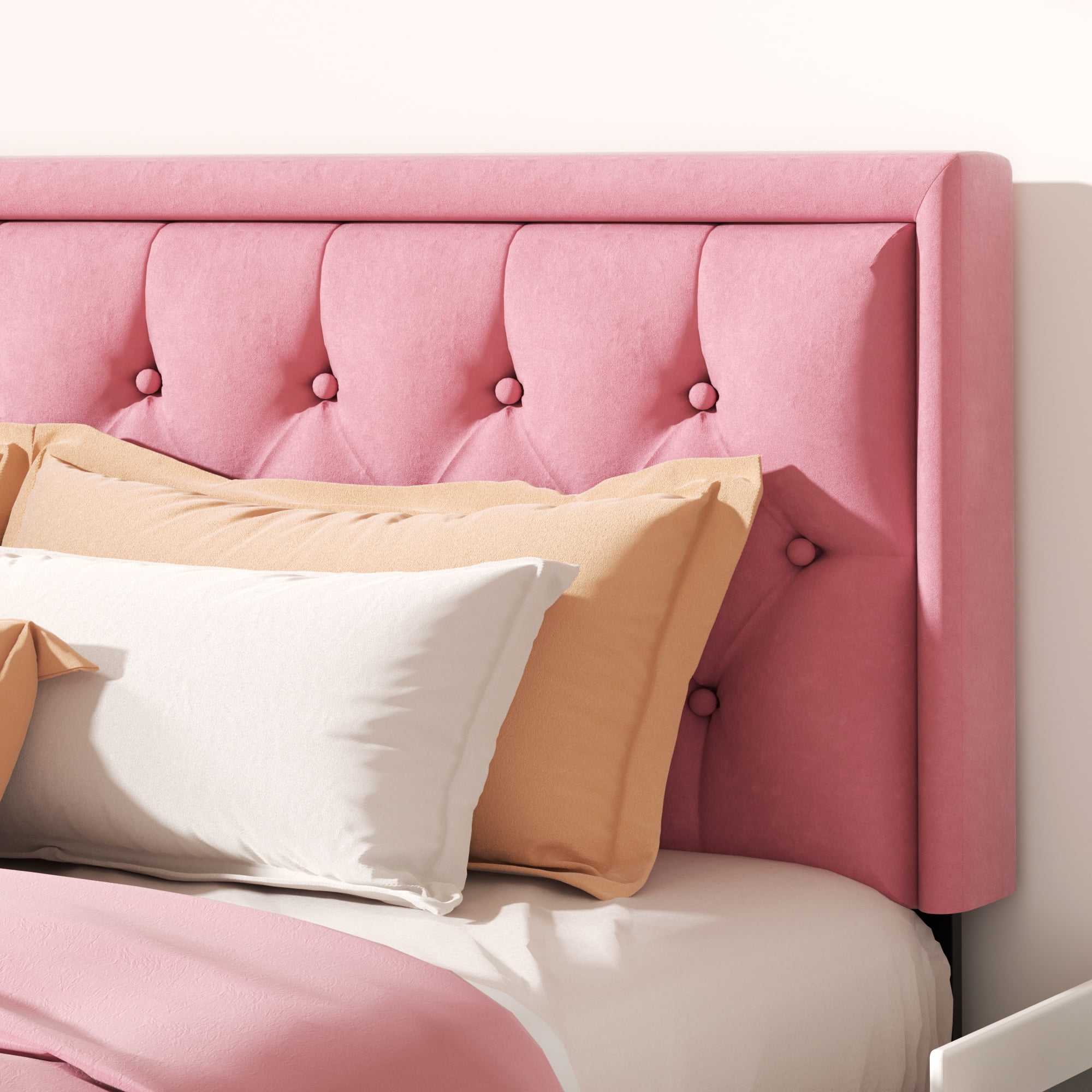 King Size Platform Bed Frame with Upholstered Velvet Button Tufted Headboard, Mattress Foundation with Wooden Slat Support, No Box Spring Needed, Easy Assembly, Noise Free,Pink