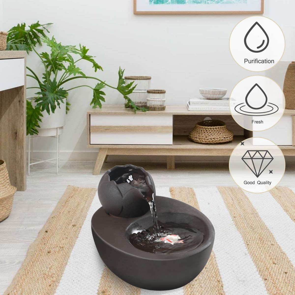 Walbest Lotus Cat Water Fountain, Automatic Ceramic Drinking Fountain for Pets, 8.1" x 6.6" x 5.4" Water Capacity (Black)