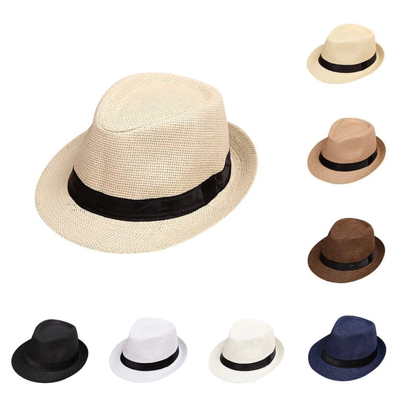 Kids Straw Fedora Hat, Summer Beach Sun Hat with Wide Brim, Lightweight Jazz Cap for Outdoor Play