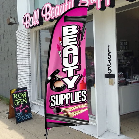 QSUM Beauty Supplies Themed Swooper Flag, 7FTBeauty Supplies Advertising Feather Flag with Pole Kit, Ground Spike, Beauty Supplies Signs for Businesses and Storefronts