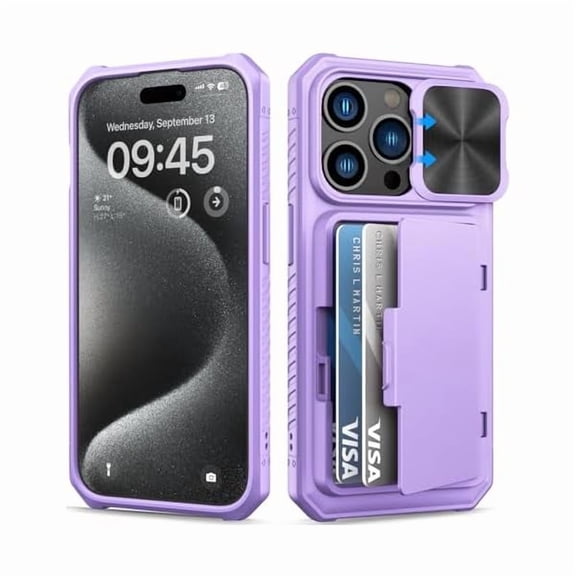 Eryueer for iPhone 15 Pro Case with Camera Cover, Built-in Credit Card Holder , Military Grade Protection, Rugged Heavy Duty Women Men Protective Wallet Phone Case for iPhone 15 Pro, Purple