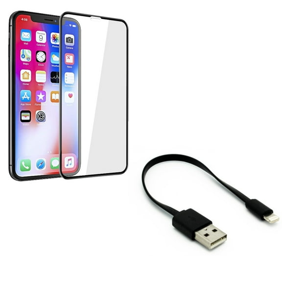 Screen Protector w Short USB Cable for iPhone XR - Tempered Glass 5D Touch Curved Edge Full Cover Bubble Free, Charger Cord Power Wire Fast Charge
