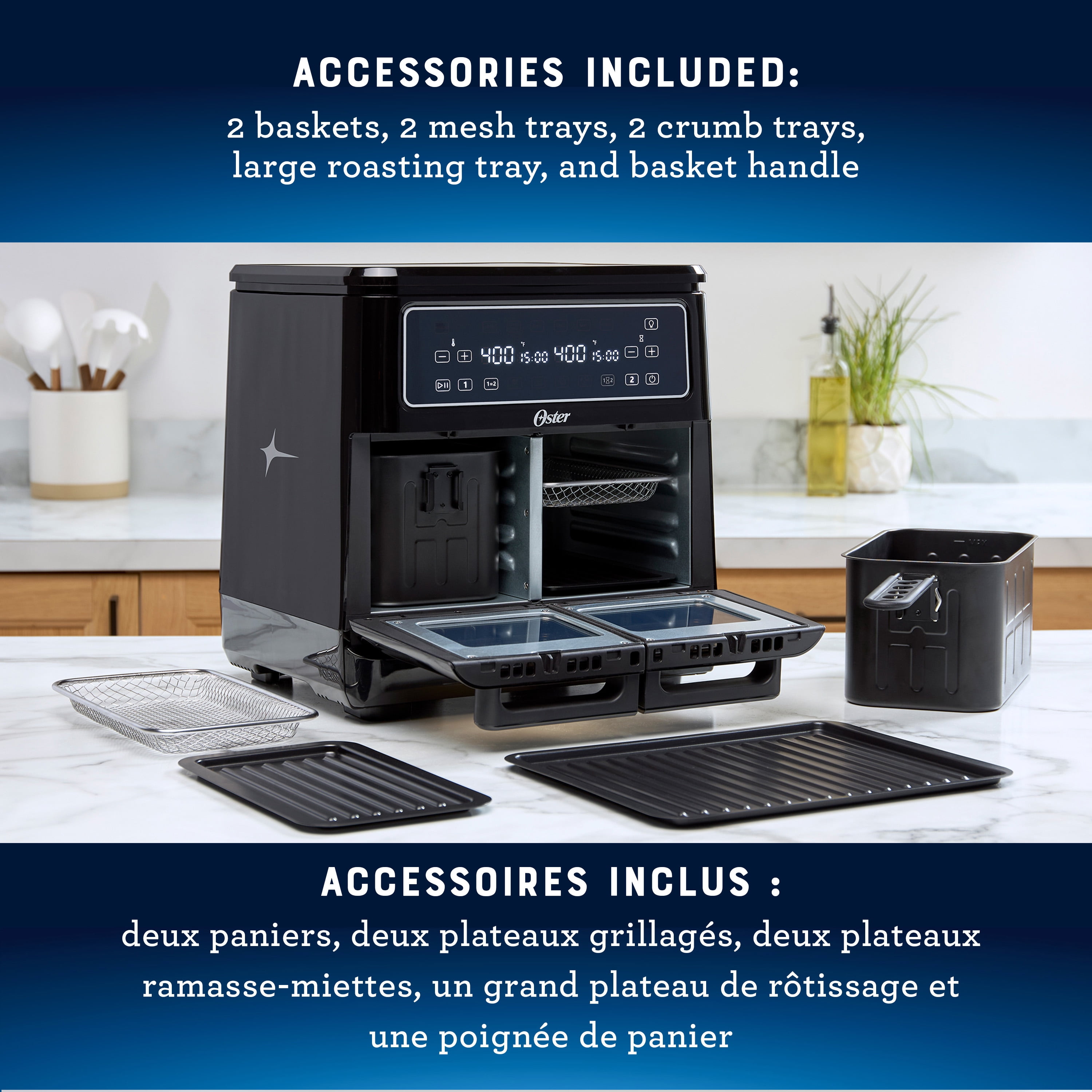 Oster 11-Quart Flex Air Fryer Oven, Dual Air Fryer with 2 Cooking Zones, Double Air Fryer with 6 Cooking Functions, Large Air Fryer with 2 Frying Baskets