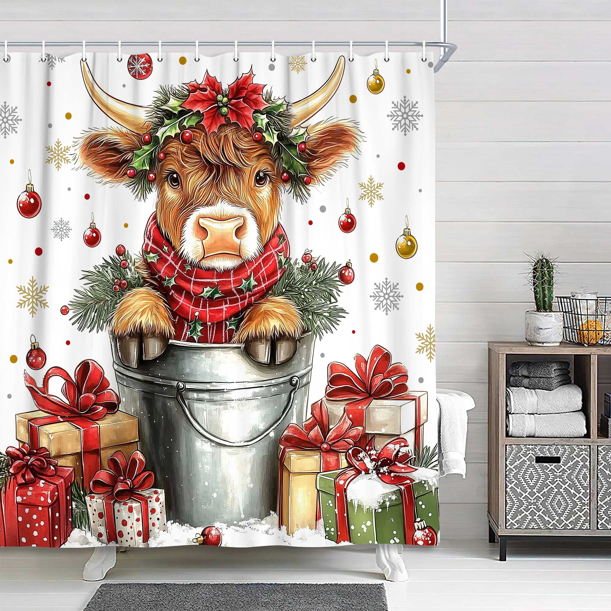 Christmas Cow Shower Curtain, Cute Highland Cow Fabric Snowflake Shower Curtains for Bathroom Decor, farmhouse Winter Holiday Kids Bathroom Accessories, 72 x 72 Inch