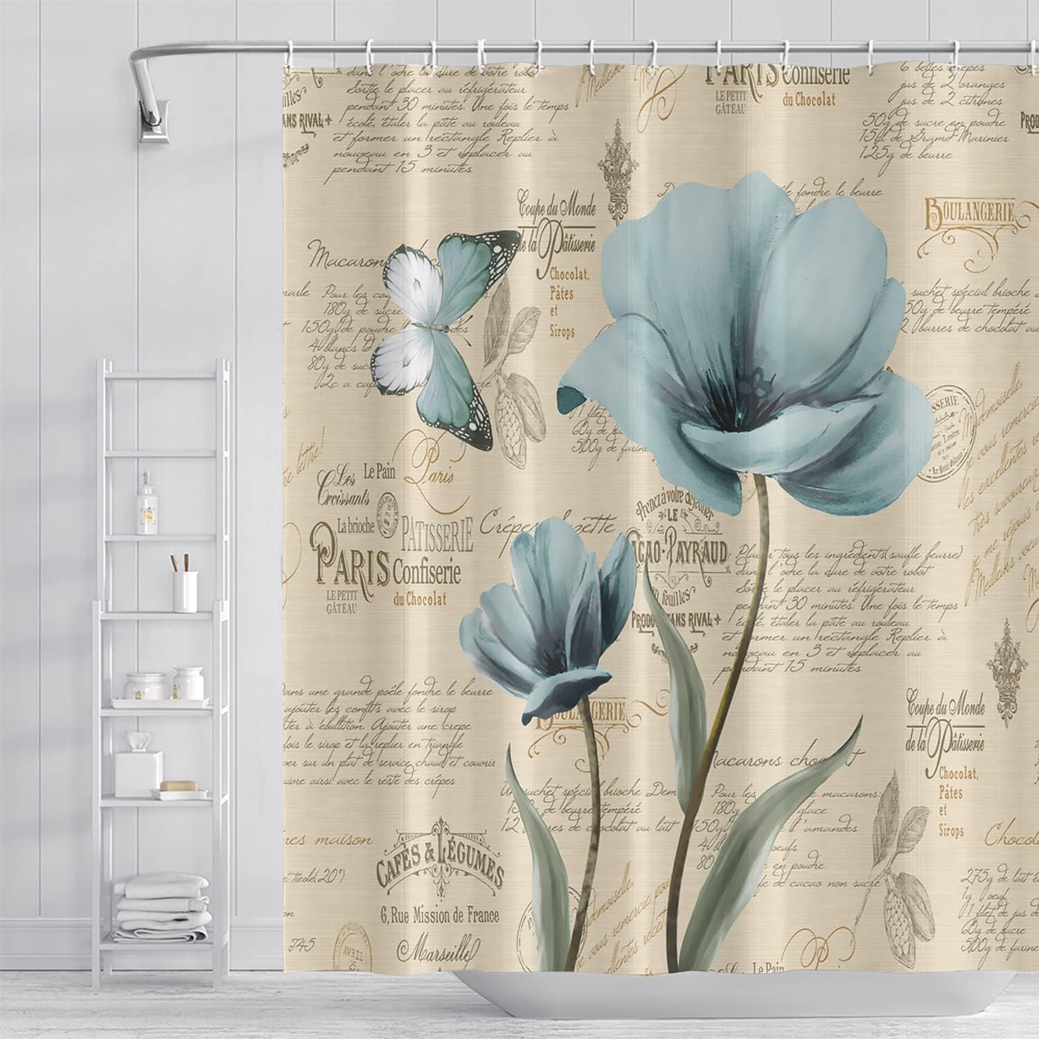 Sonernt Blue Flower Bathroom Shower Curtain Butterfly Watercolor Floral