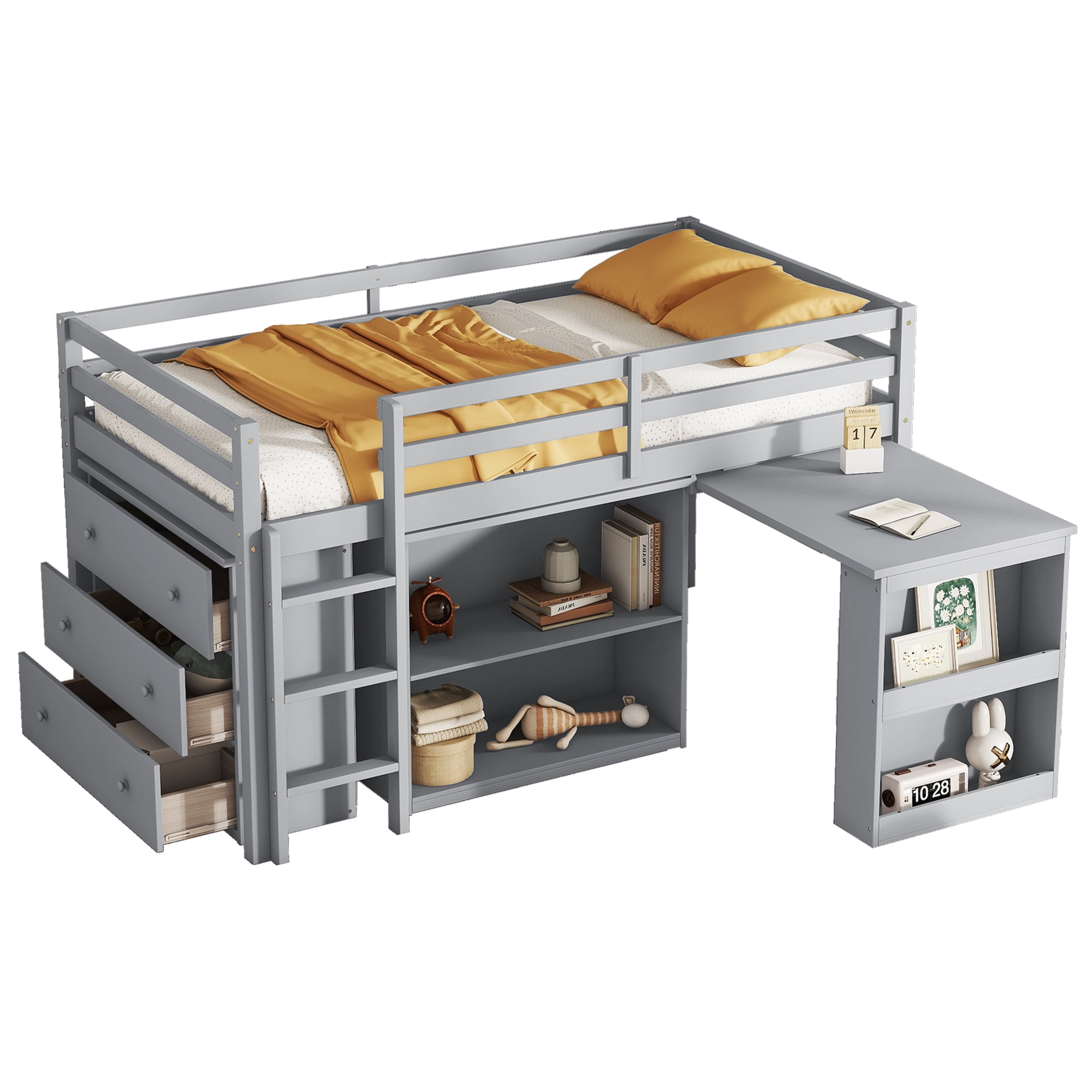 Euroco Wood Twin Size Loft Bed with Drawers and Cabinets, Pulling Out Desk and Shelves, Gray