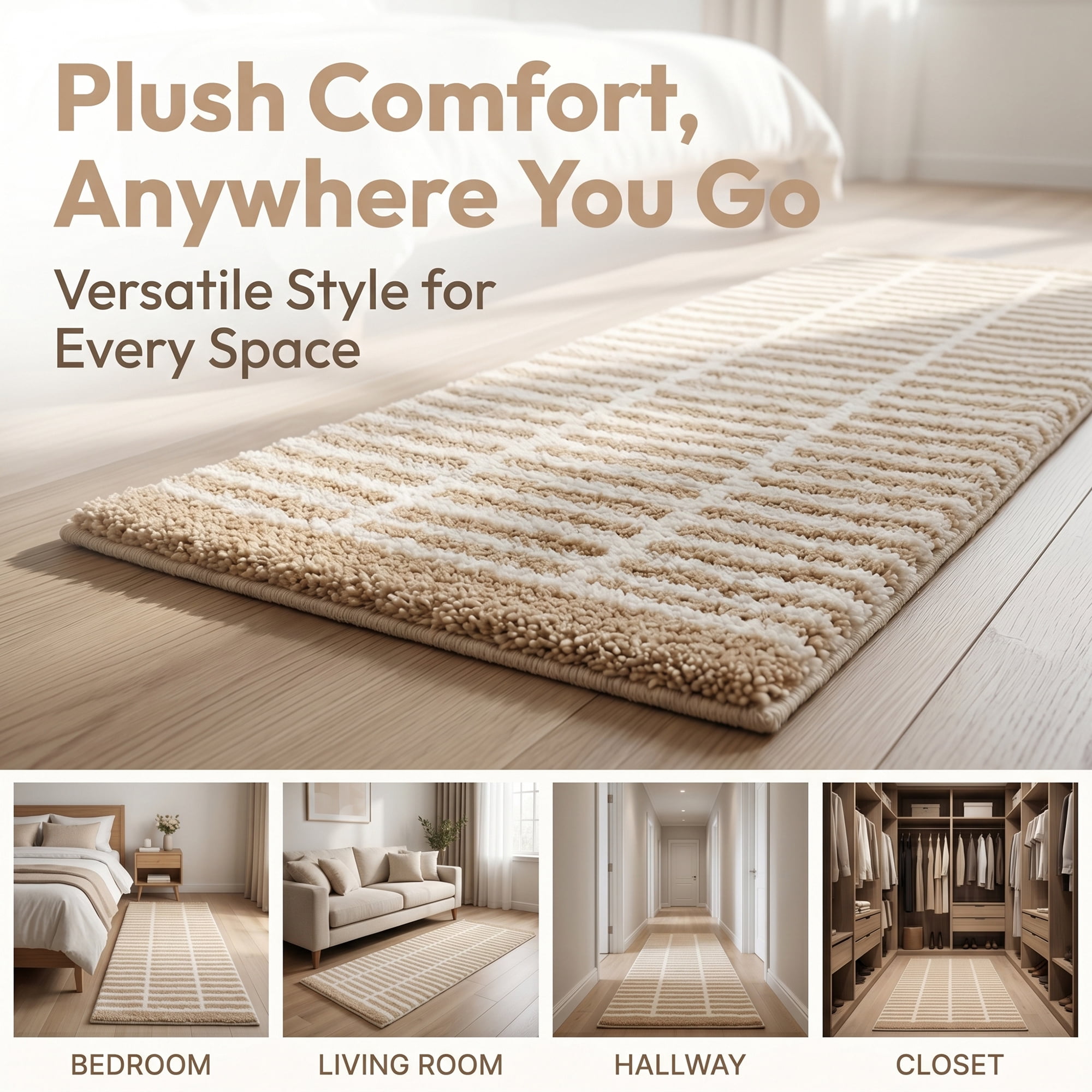Unique Bargains Geometric Runner Rug Shaggy Bedside Non-Slip Hallway Carpet Khaki Stripe