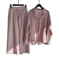thumbnail image 1 of Conjunto casual de 2 piezas de blusa de algodón y lino de manga larga con botones + pantalones de pierna ancha para mujer, 1 of 2