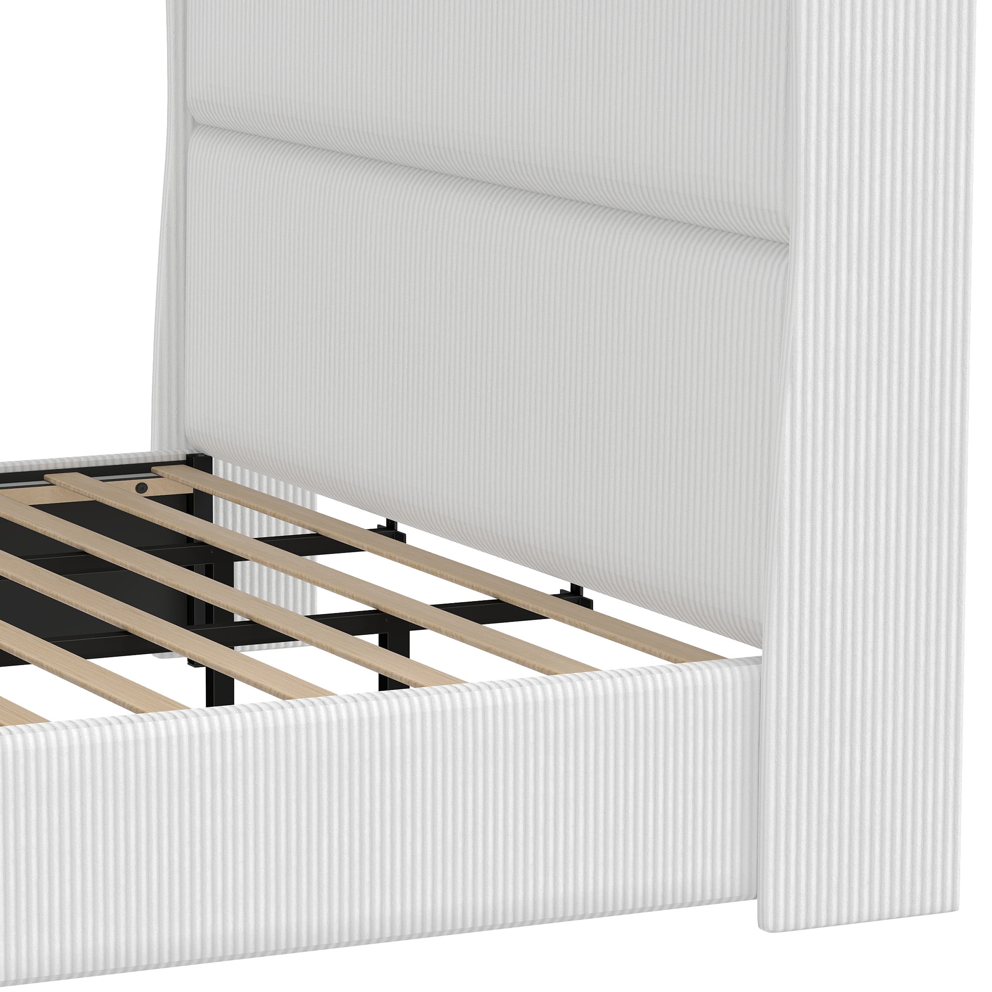 Craftian King Size Upholstered Bed Frame with LED Lights & Charging Station, Platform Bed Frame with Tall Headboard, White