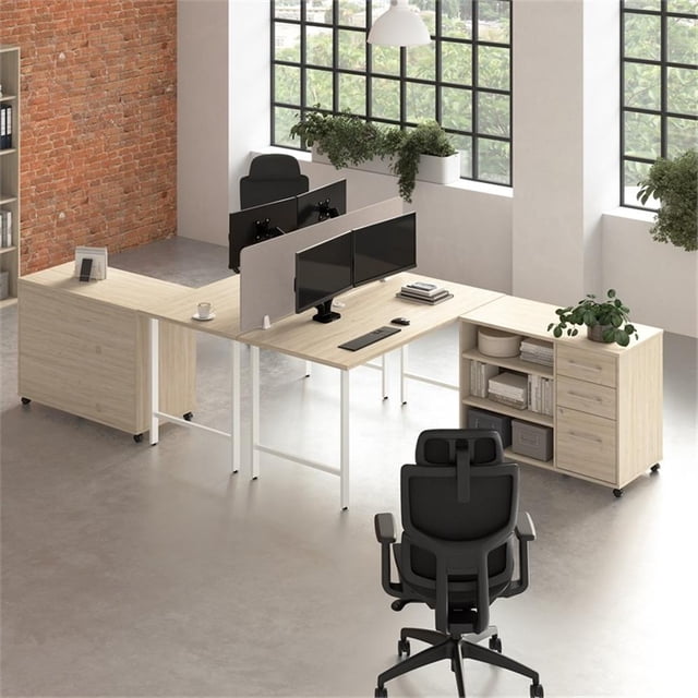 Scranton & Co Engineered Wood 2 Person Desk with Mobile Storage in Natural Elm