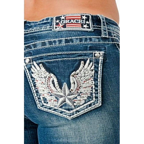 Grace in LA Women's Americana Star Wing Embroidered Pocket Stretch Bootcut Jeans (25, Blue)