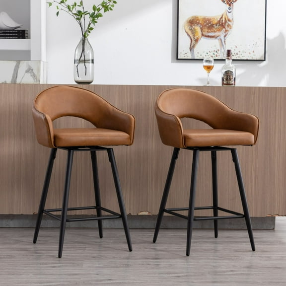 27" Modern Swivel Bar Stools Set of 2, PU Upholstered Counter Height Stools with Metal Legs, Hollow Curved Backrest for Kitchen Island, Home Bar, Bistro, Brown