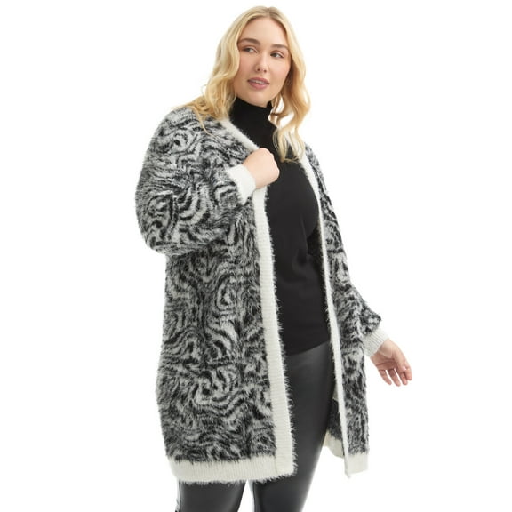 June & Vie Women's Plus Size Leopard-Print Eyelash Cardigan