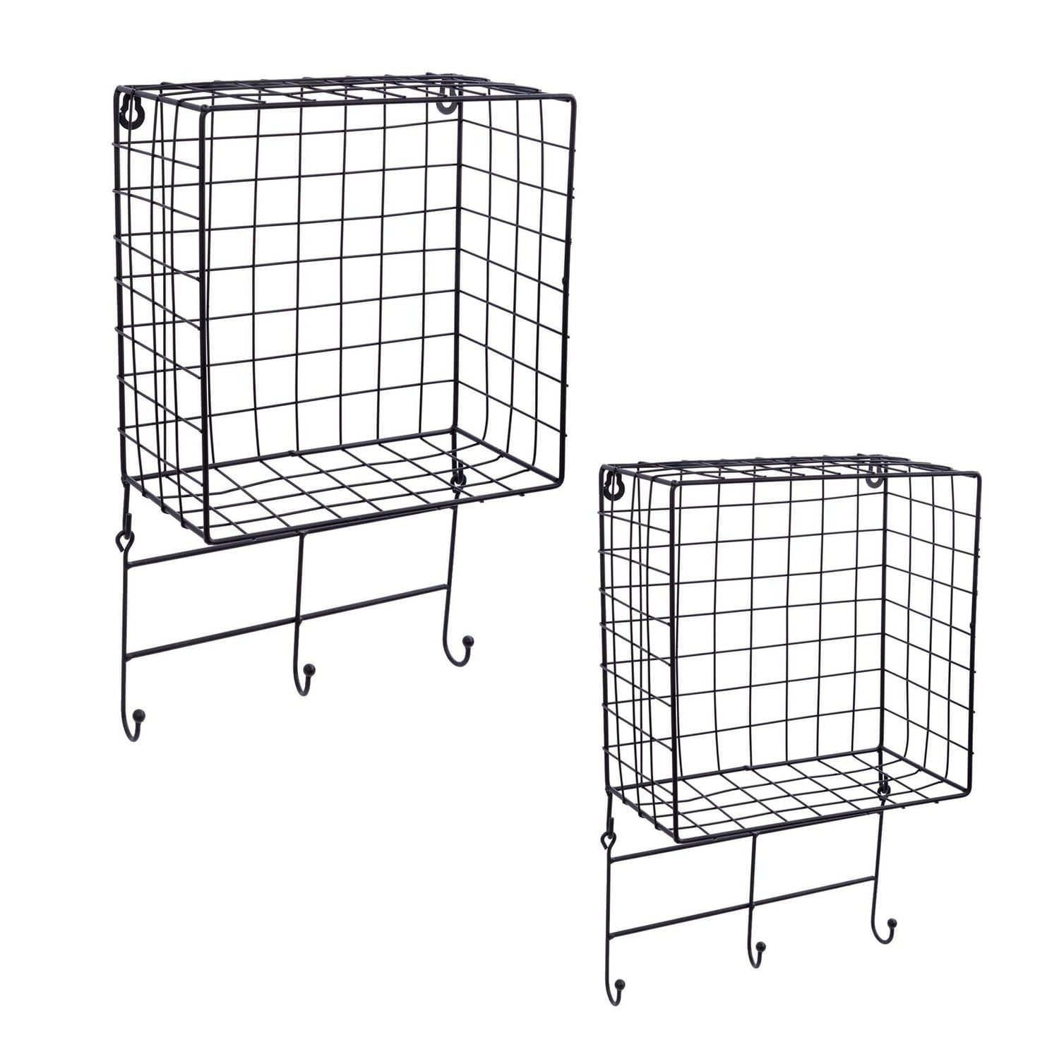 Truu Design, Grid Floating Wall Shelves with Hooks, Set of 2