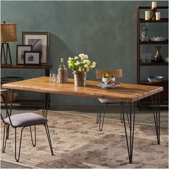 JERFIT 72 inch Industrial Dining Table for Kitchen, Teak Wood Tabletop with Hairpin Legs, Water Resistant Rectangular Table for Indoor Outdoor