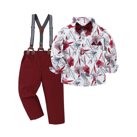 Toddler Boy Clothes Suit 1-5T Wedding Outfits Formal Flower Dress Shirt Bowtie Suspender Pants Set