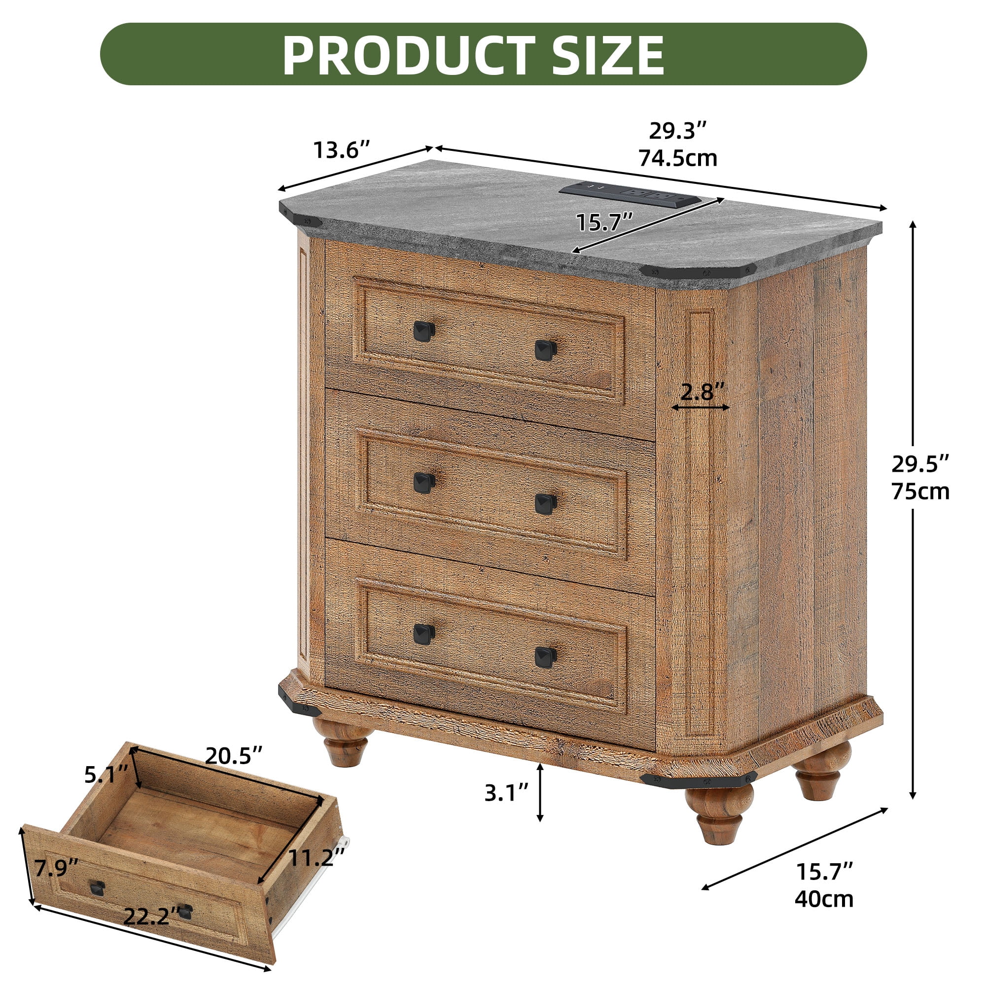 Uforic Rustic Nightstand with Charging Station & Drawers, Bedside Table for Bedroom, Brown