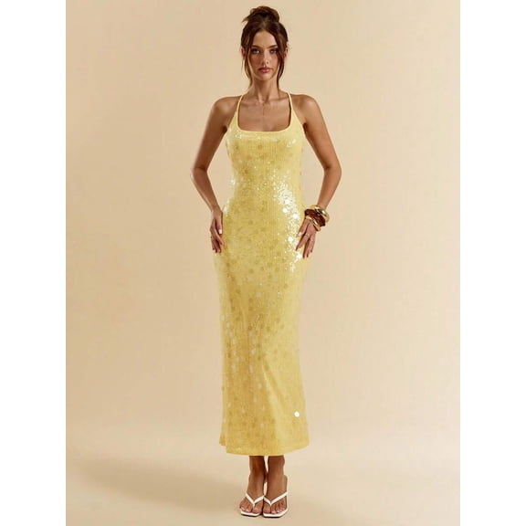 Yellow Sequin Halter Neck Slip Maxi Dress, Retro Sparkle Party Gown For Night Out