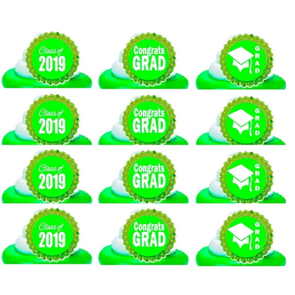 Class of 2019 Graduation Green Easy Toppers Cupcake Decoration Rings -24pk