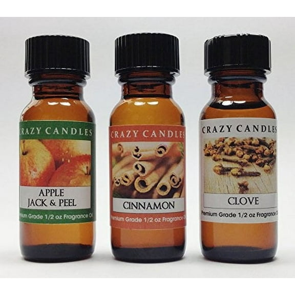 3 Bottles Set, 1 Apple Jack and Peel, 1 Cinnamon, 1 Clove 1/2 Fl Oz Each 15ml Premium Grade Scented Fragrance Oils By Crazy Cand