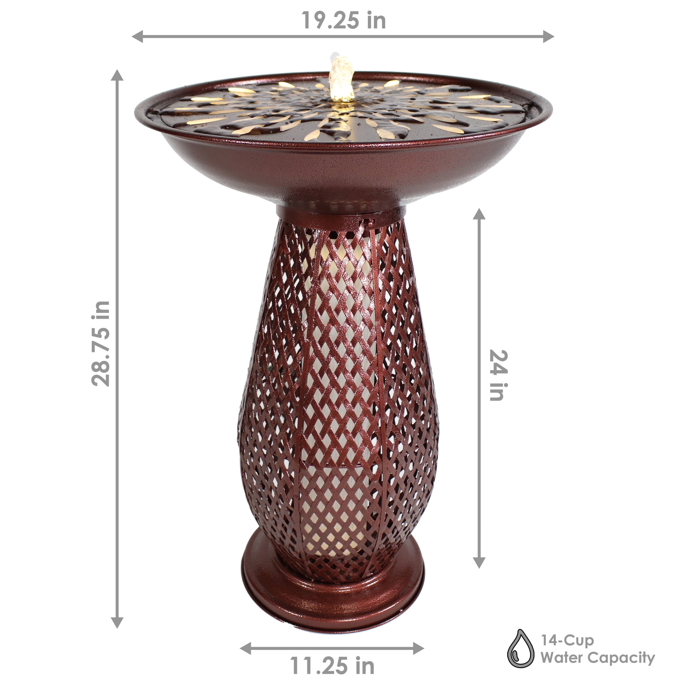 Sunnydaze Metal Crosshatch Outdoor Bird Bath Fountain with Lights