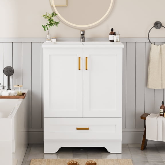 KZElegy 24" Bathroom Vanity with Ceramic Sink Freestanding Bathroom Vanity Cabinet with 2-Door & 1-Drawer,Metal Handle,White