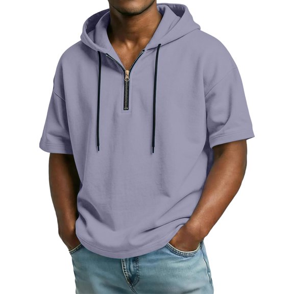 Fabrcox Quarter Zip Men Hoodie Short Sleeve Mens Hoodie Sweatshirt Lightweight Drawstring Gym Athletic Mens Pullover Purple XL
