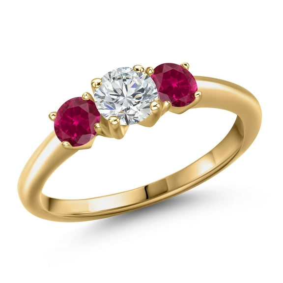 Gem Stone King 18K Yellow Gold Plated Silver Lab Grown Diamond and Red Created Ruby Engagement Ring for Women | 1.00 Cttw | Round 5MM | Gemstone April Birthstone | Size 5