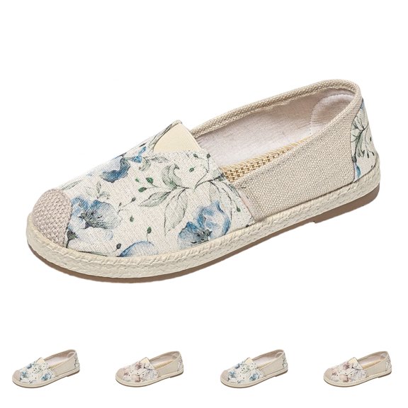 LTTVQM Loafers For Women Vintage Knit Embrioderied Flower Breathable Slip On Flats Non Slip Low Heels Comfortable Retro Dress Walking Canvas Shoes Blue 35(US-5)