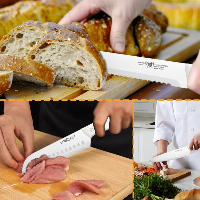 Knife Set, 15 Piece Kitchen Knife Set with Block Self Sharpening, Stainless Steel Dishwasher Safe, Anti-slip Handle, White