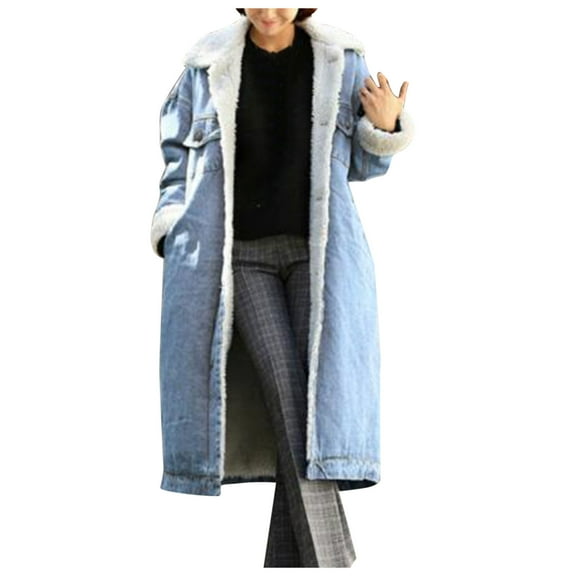 TAIAOJING Women's Coat Winter Jean Coat Thicken Warm Long Denim Coat Punk Button Coat With Pockets