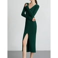 thumbnail image 5 of Women'S V-Neck Front Slit Rib Button Down Sweater Dress Dark Green M, 5 of 7