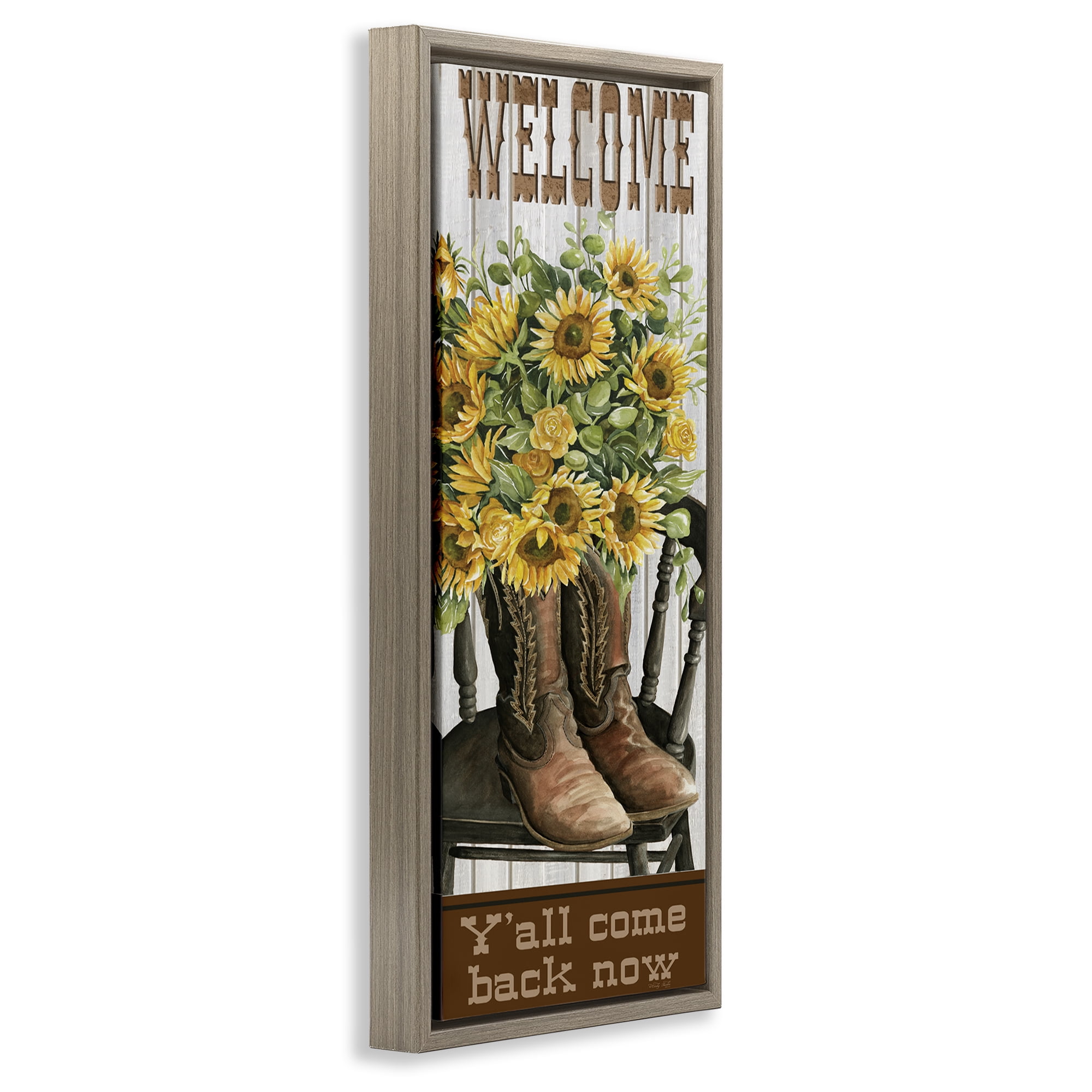 Stupell Industries Southern Welcome Phrase Plants & Flowers Painting Brown Floater Framed Canvas Art Print Wall Art, 11 x 25