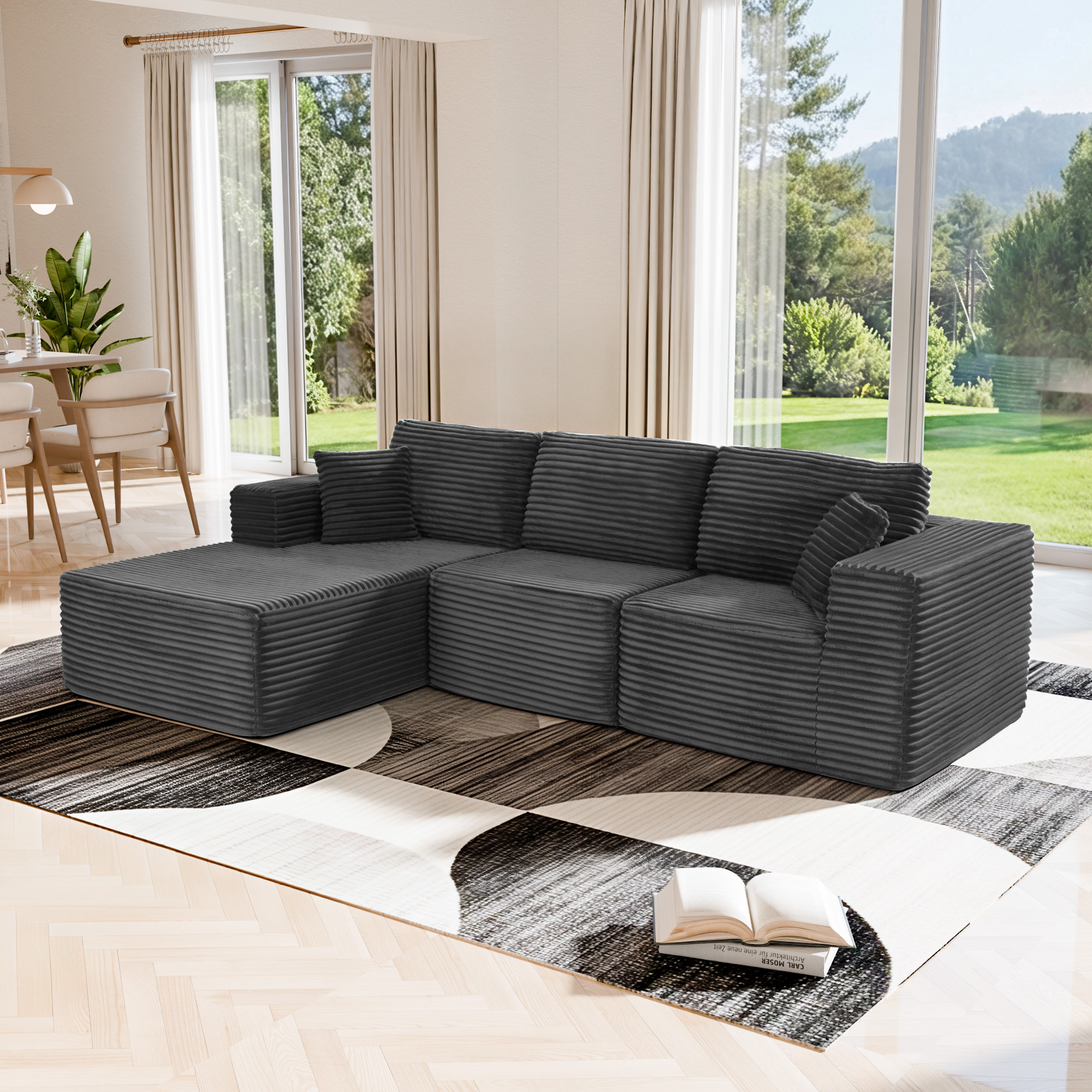 MAYEERTY Modern Corduroy Modular Sectional Sofa - Boneless Couch for Apartments & Studios, 104"W x 67"D Gray