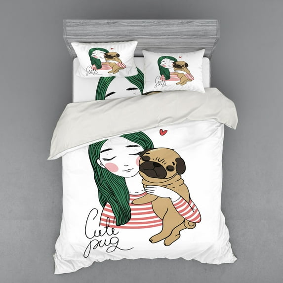 Ambesonne Pug Bedding Set 4 Pcs, Dog with Girl, Queen, Forest Green Pale Brown