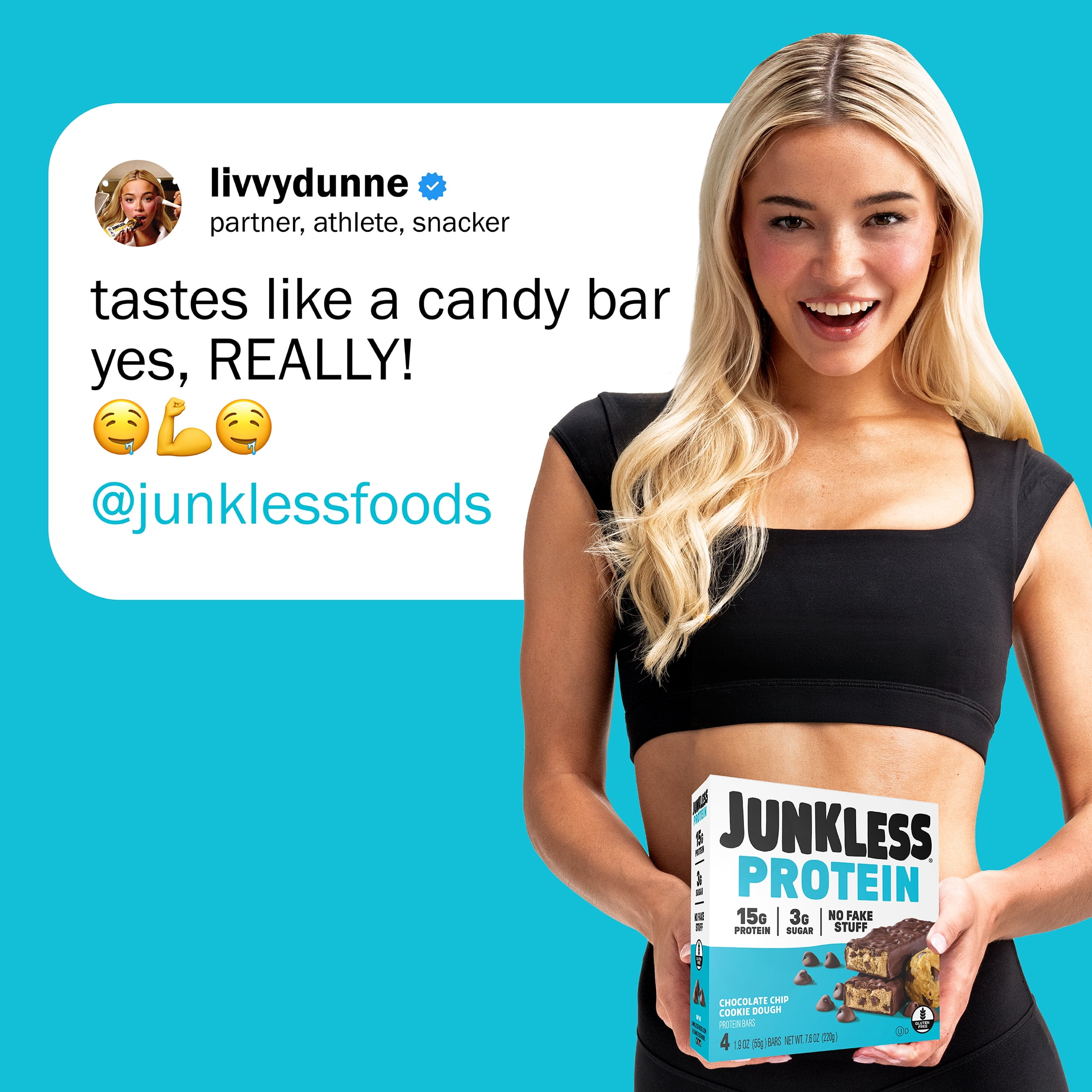 JUNKLESS Chocolate Chip Cookie Dough Protein Bar, 15 g Protein, High Fiber, Gluten Free, 1.9 oz, 4 Count