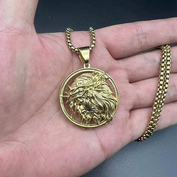 HIP hop Round Necklace Jesus Pendant Gold Color For Men Head Face Christian Fashion 14K Yellow Gold Jewelry