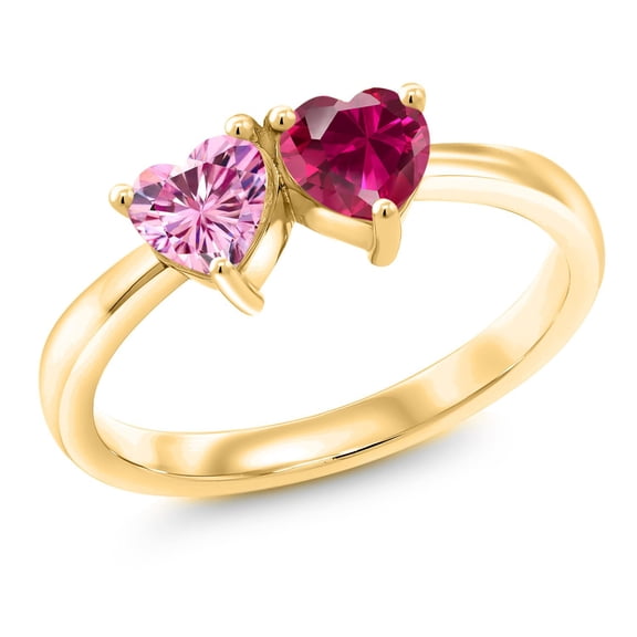 Gem Stone King 18K Yellow Gold Plated Silver Ring Heart Shape Pink Moissanite and Created Ruby Red (1.10 Cttw, Size 7)