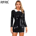 thumbnail image 2 of Vestido ajustado de látex con cuello de satén y cremallera en la espalda para mujer, minivestido de charol brillante, vestido gótico, vestido de monja, ropa de club para cosplay, 2 of 5