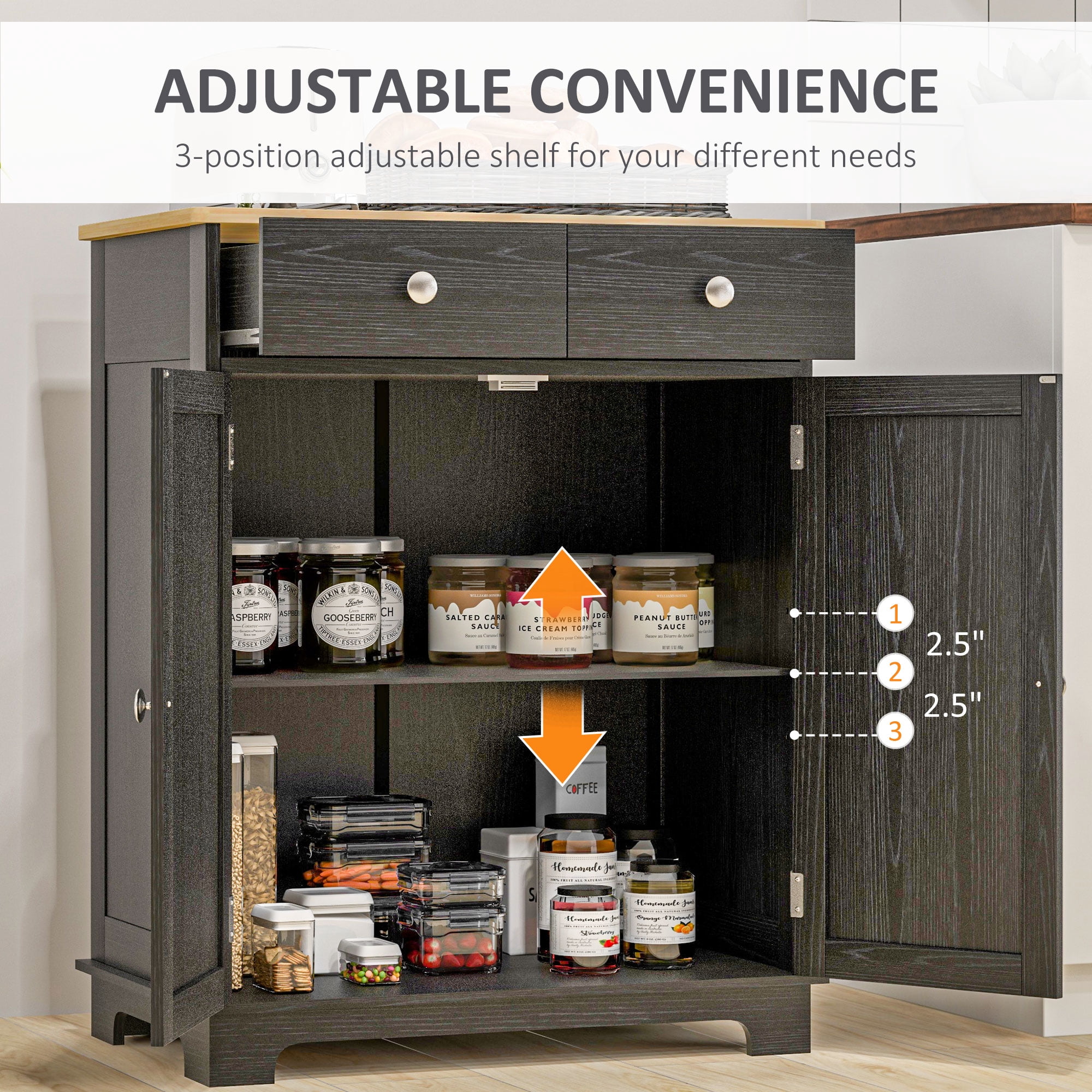 HOQBN Storage Sideboard Cabinet with Solid Wood Top, Adjustable Shelf and 2 Drawers, Multipurpose Buffet Furniture for Kitchen, Dining Room and Living Room, Distressed Black