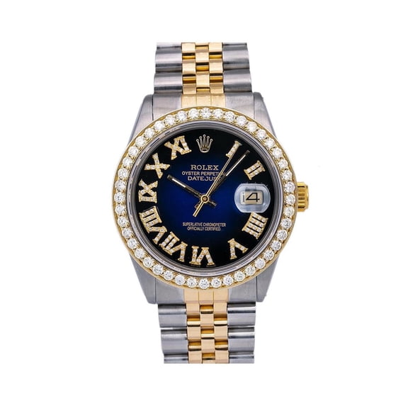 Pre-Owned Rolex Datejust 36MM 16233 Blue Roman Diamond Dial Diamond Bezel Two Tone Yellow Gold Jubilee Bracelet 1.35ct