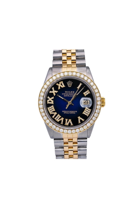 Pre-Owned Rolex Datejust 36MM 16233 Blue Roman Diamond Dial Diamond Bezel Two Tone Yellow Gold Jubilee Bracelet 1.35ct