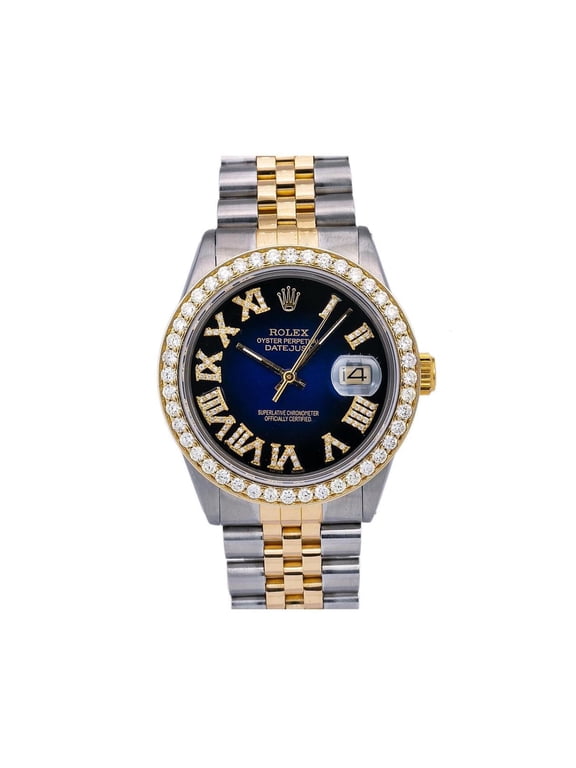 Pre-Owned Rolex Datejust 36MM 16233 Blue Roman Diamond Dial Diamond Bezel Two Tone Yellow Gold Jubilee Bracelet 1.35ct